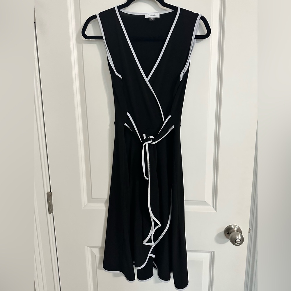 Calvin Klein Black Wrap Dress with White Trim